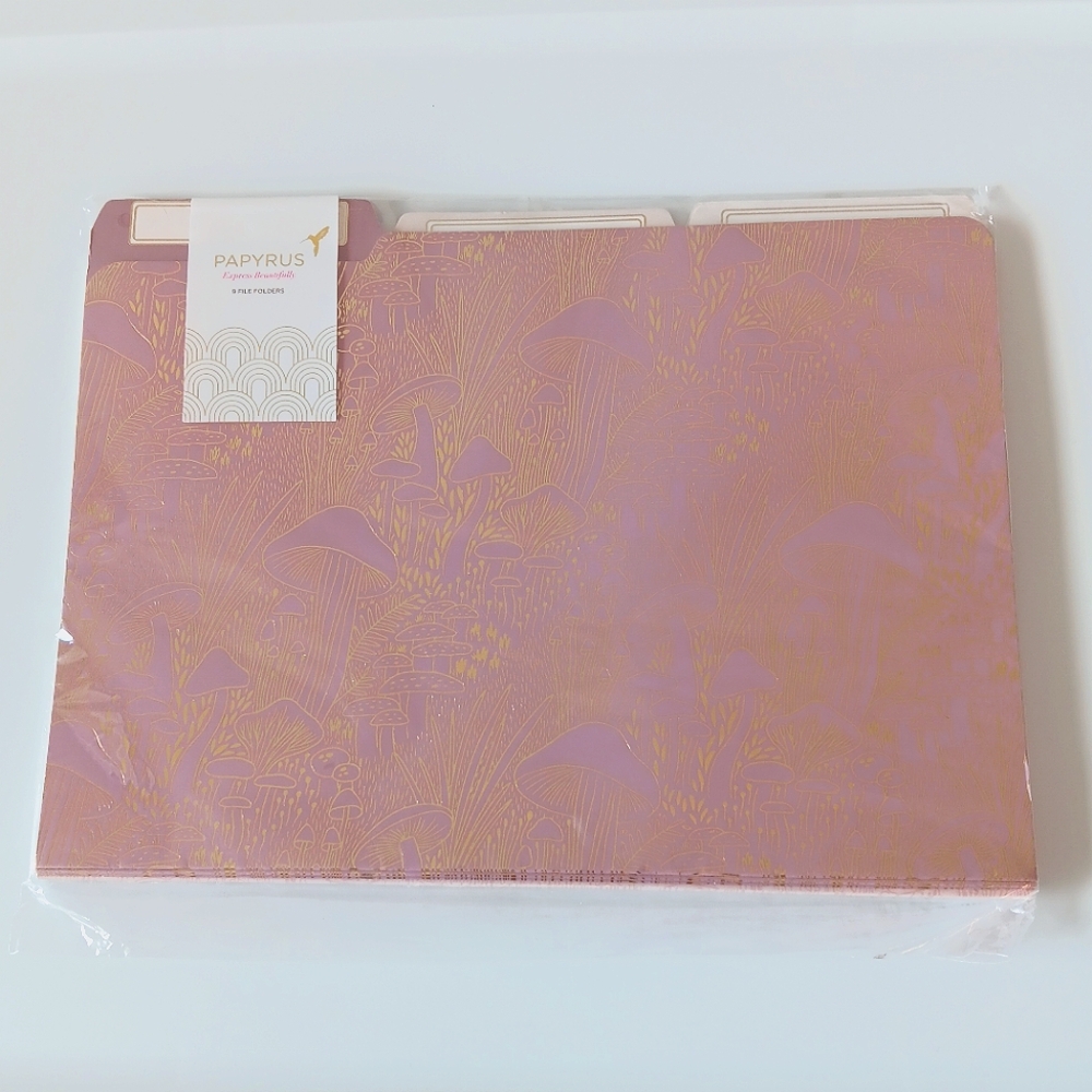 NEW Papyrus Tabbed File Folders Mushrooms Pink Gold White 9 Folders 3 Designs